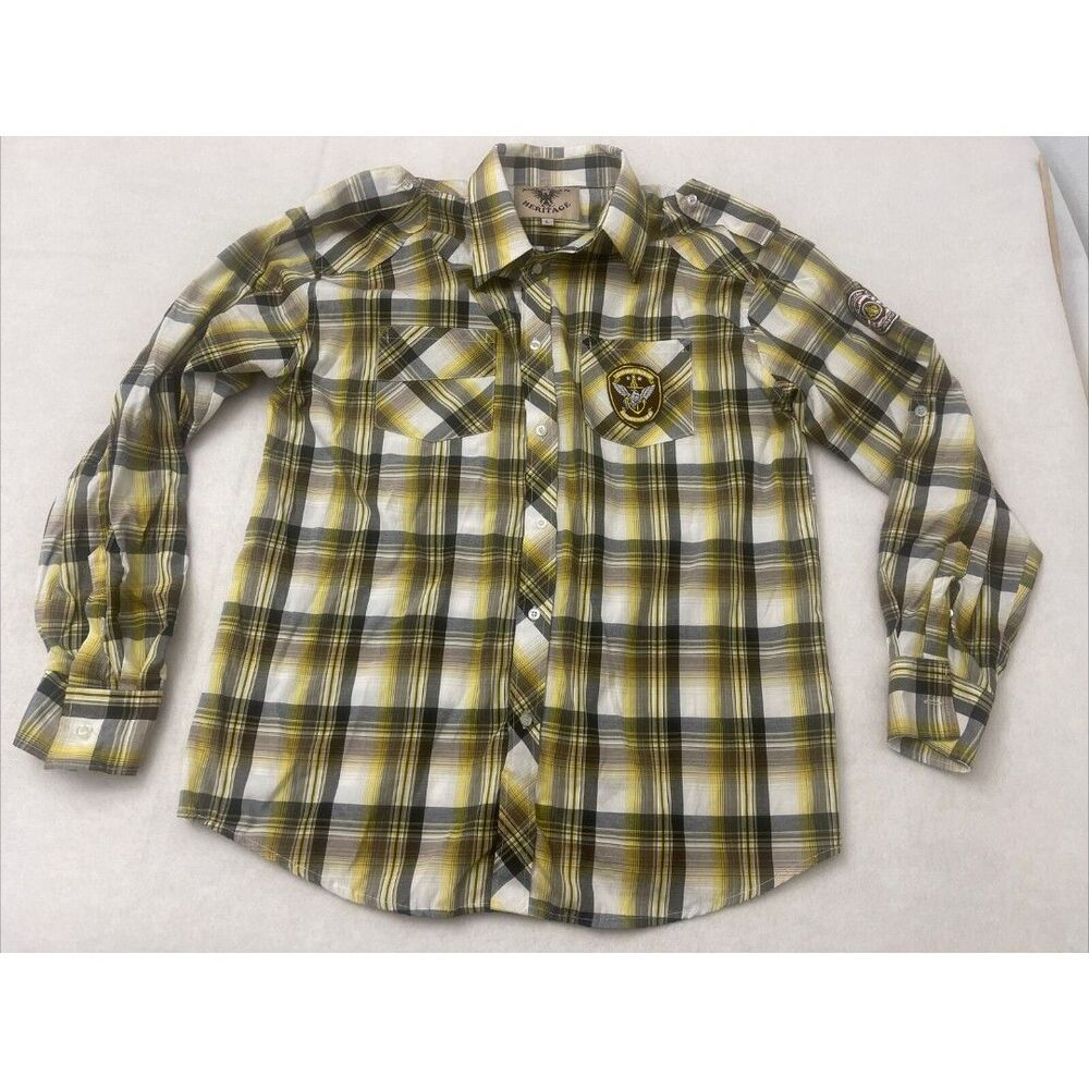 American Eagle Heritage Men's Yellow Plaid Flannel Button Shirt Size L Logo